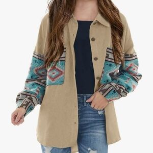 Imily Bela Girls Aztec Print Corduroy Shacket Jacket in Khaki Size 160 13/14 yrs